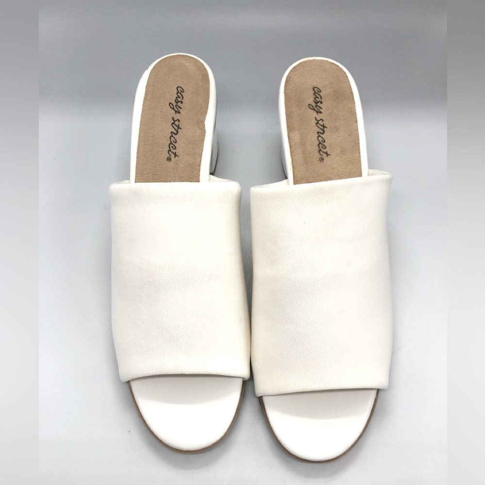 NEW Easy Street “Camella” Bone Colored Stretch Fabric Slides 2.25” Heel Size 11W
